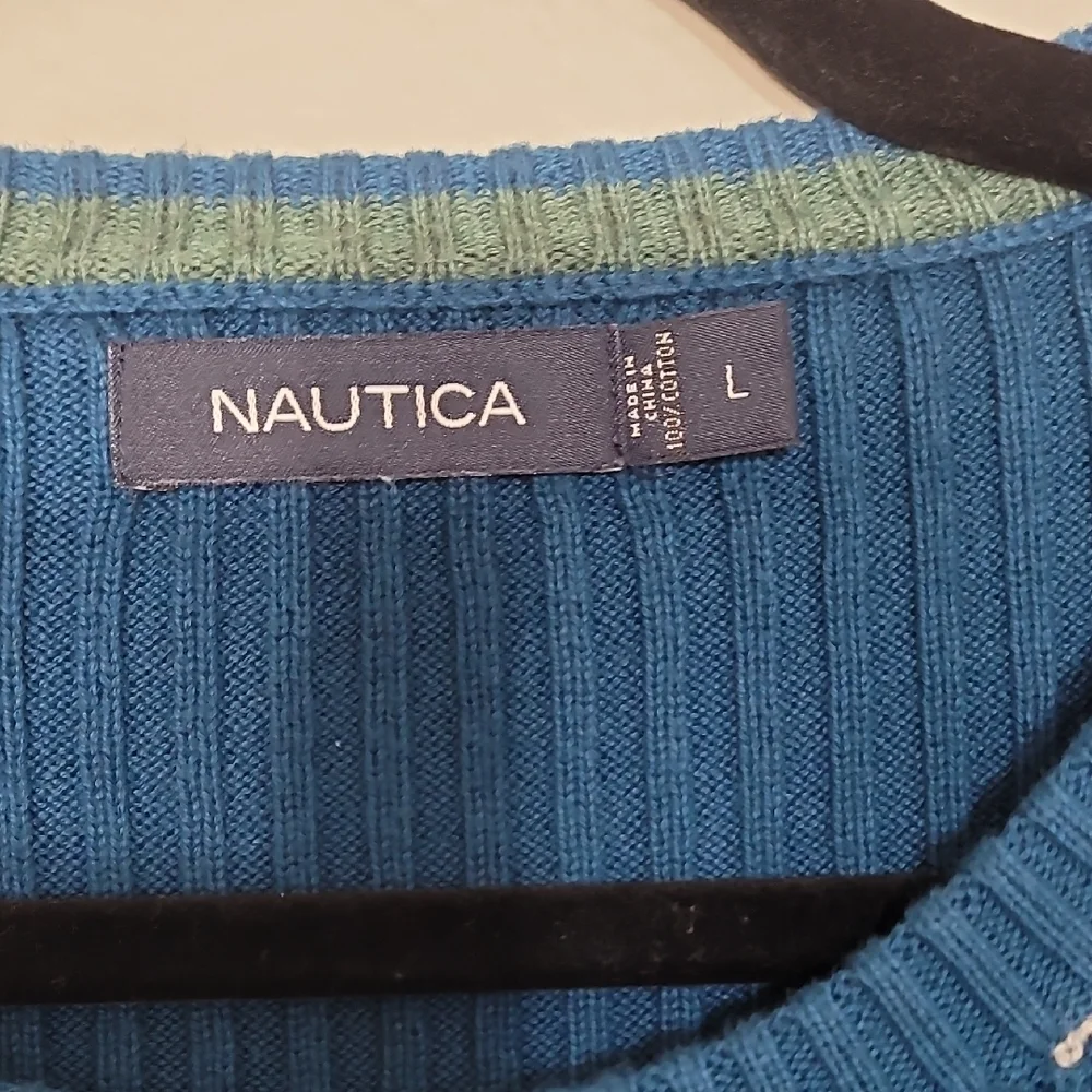 Vintage Nautica Mens 100% Cotton Crewneck Sweater Size L Blue White Stripe Y2K